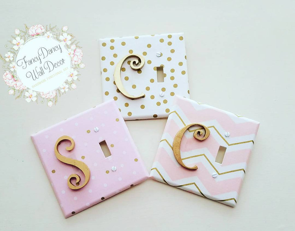 Monogrammed Light Switch Plate Cover/ Mint green or Blush pink with Gold and white Dots