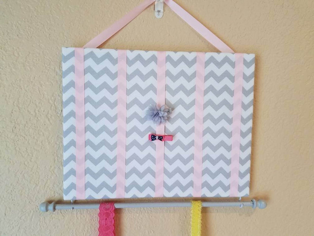 Grey Chevron Hair Bow Holder pink ribbon small board dowel