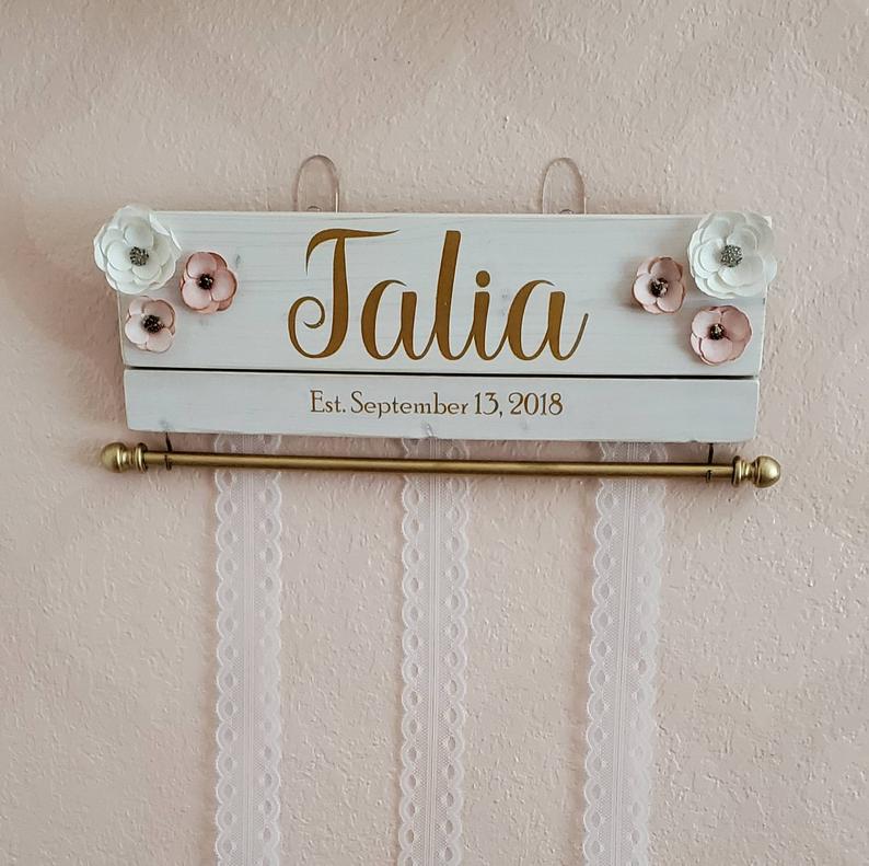 Little Girls Wooden Hair Bow Organizer white font 3 gold flowers white pink coral dowel gold