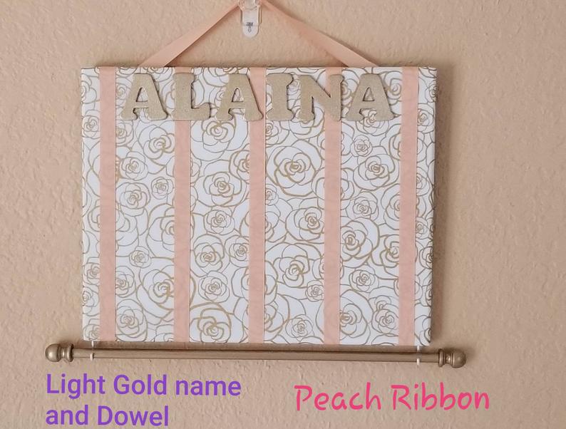 Hair Bow Holder light gold name and dowel peach ribbons