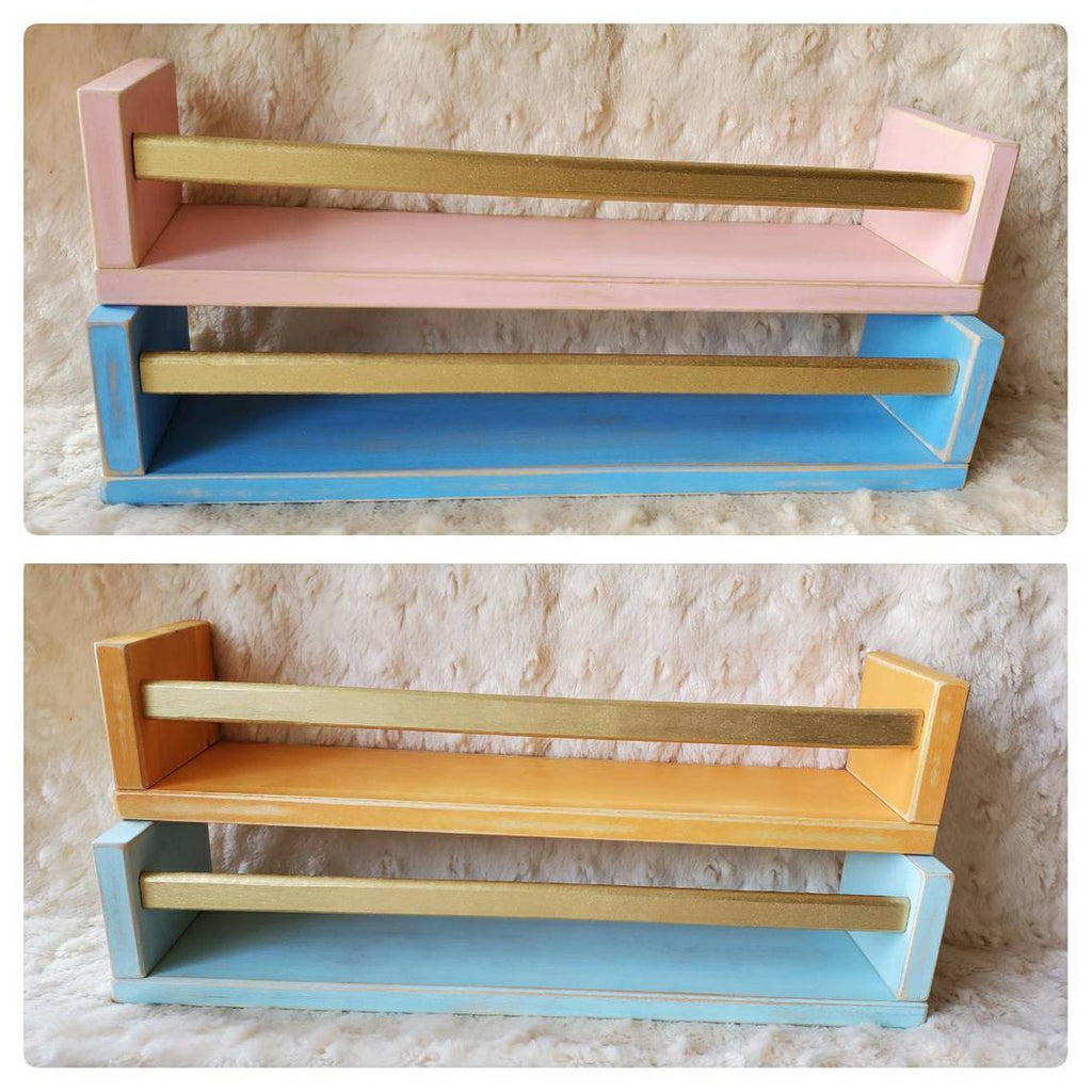 Color Block Distressed Shelves solid colors with gold bar