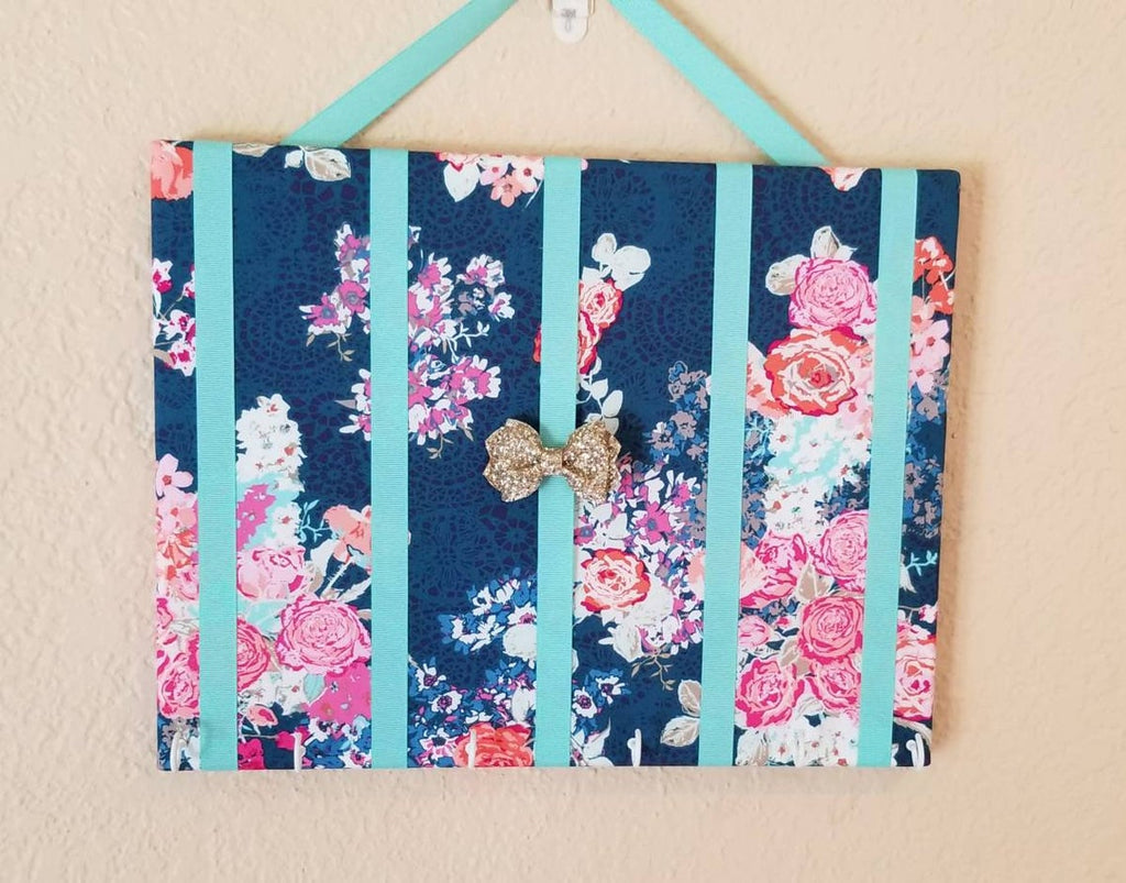 Navy Blue with Pink Flowers teal ribbons