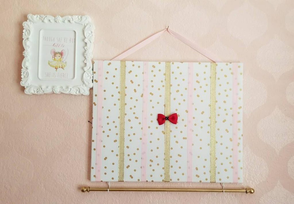 Gold Dots Hair Bow Organizer large with pink gold ribbon and gold dowel