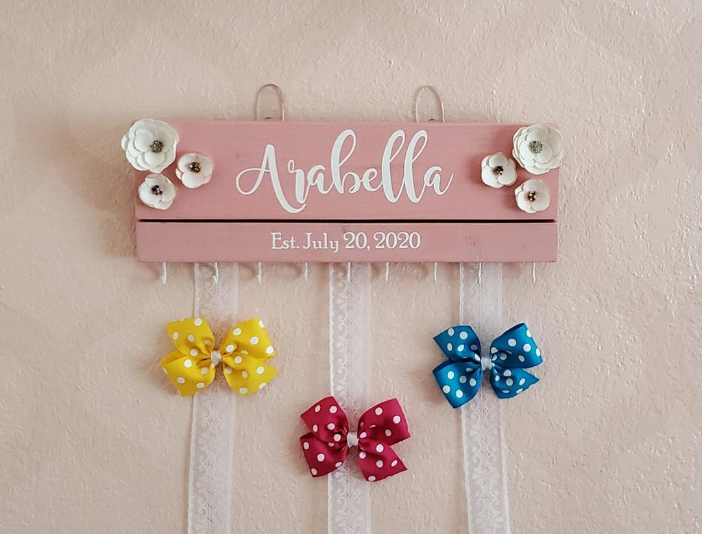 pink board white lettering white floral hooks