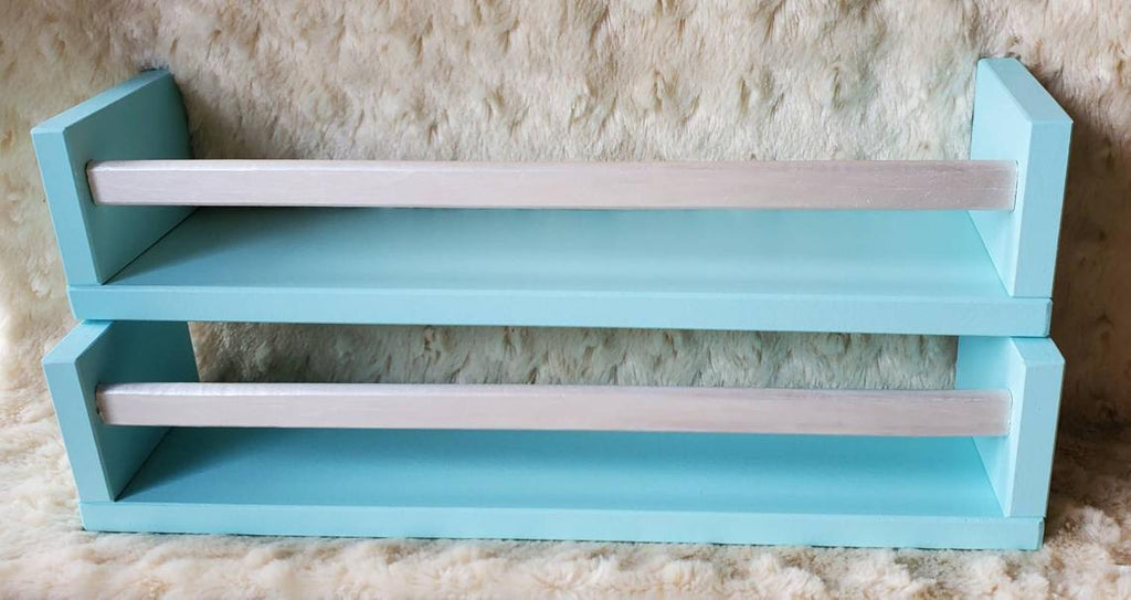 pastel blue color block shelves silver bar