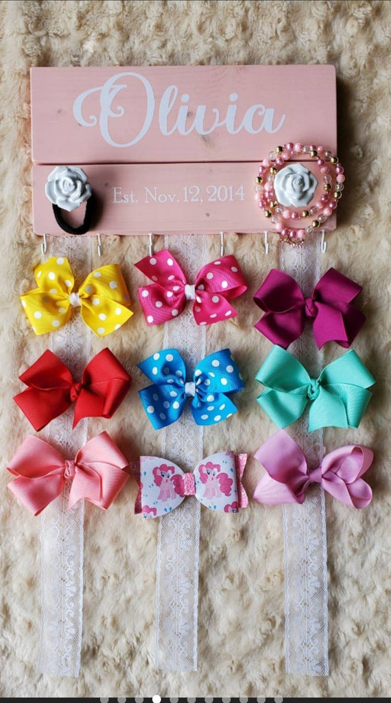 Small Wooden Hair Bow Organizer blush pink custom font hair bows on ribbons