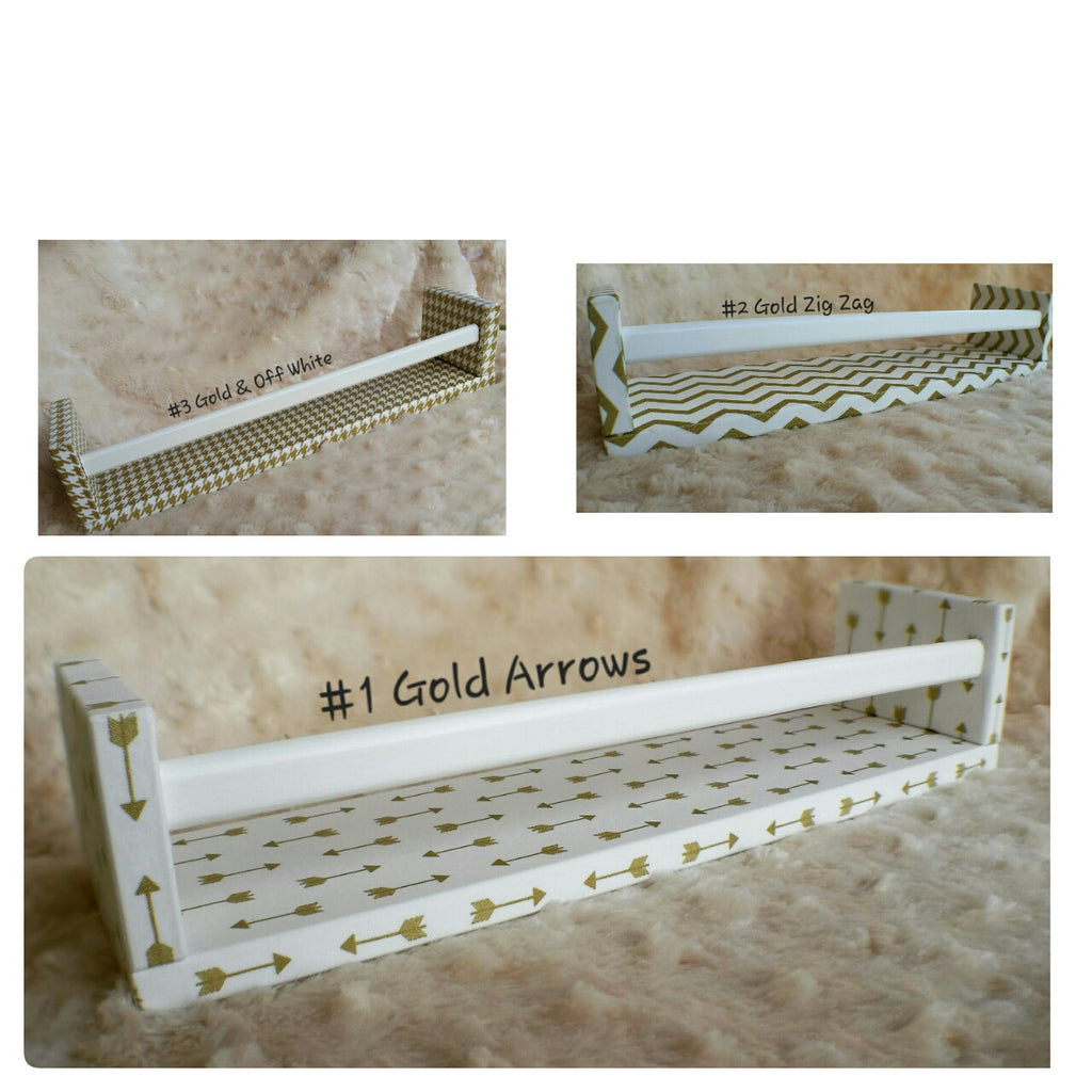 Gold Accents Wall Shelves gold and off white houndstooth design, gold zig zag, gold arrows