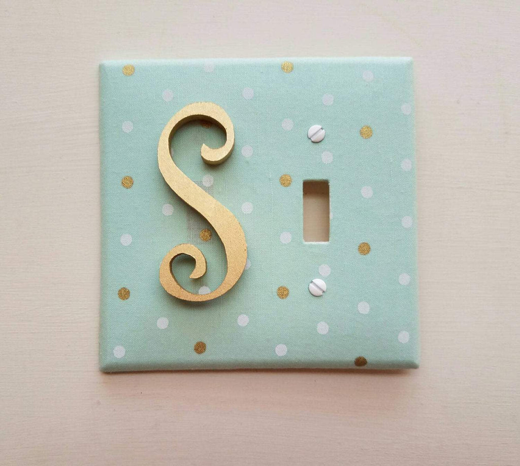 Monogrammed Light Switch Plate Cover/ Mint green with Gold and white Dots