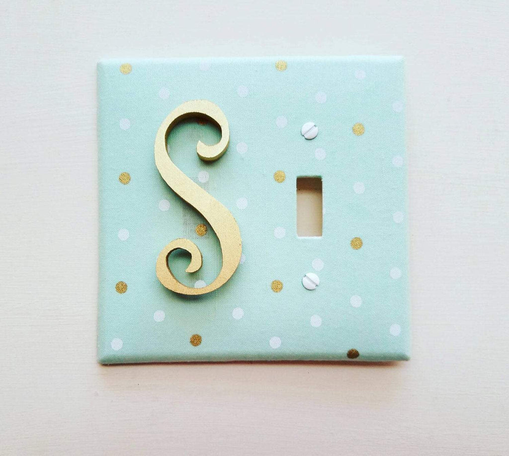 Monogrammed Light Switch Plate Cover/ Gold Monogram on Mint green with Gold and white Dots 