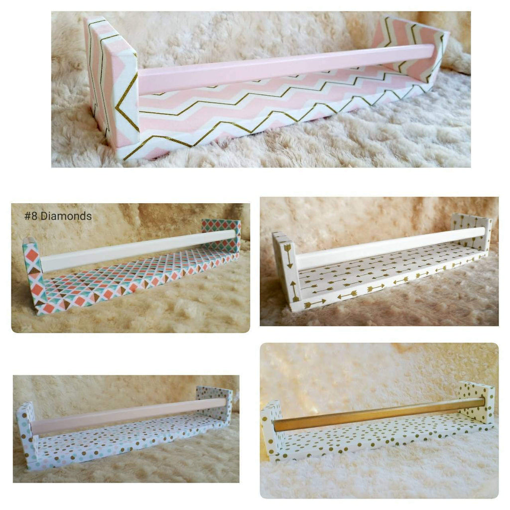 Gold Accents Wall Shelves pink gold chevron, diamonds, gold arrows, gold pink mint dots, gold dots