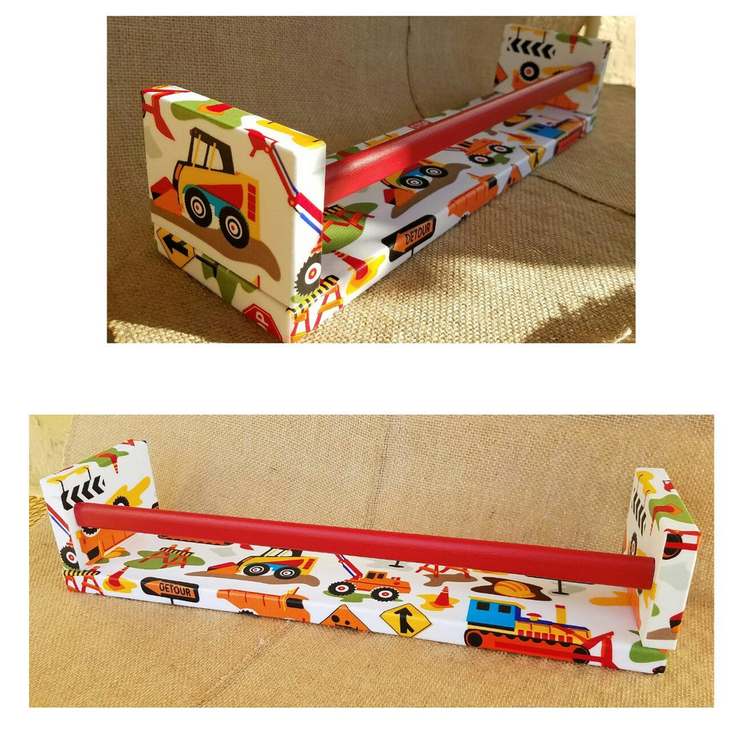 Trucks Wall Shelf with red bar, end view, front view