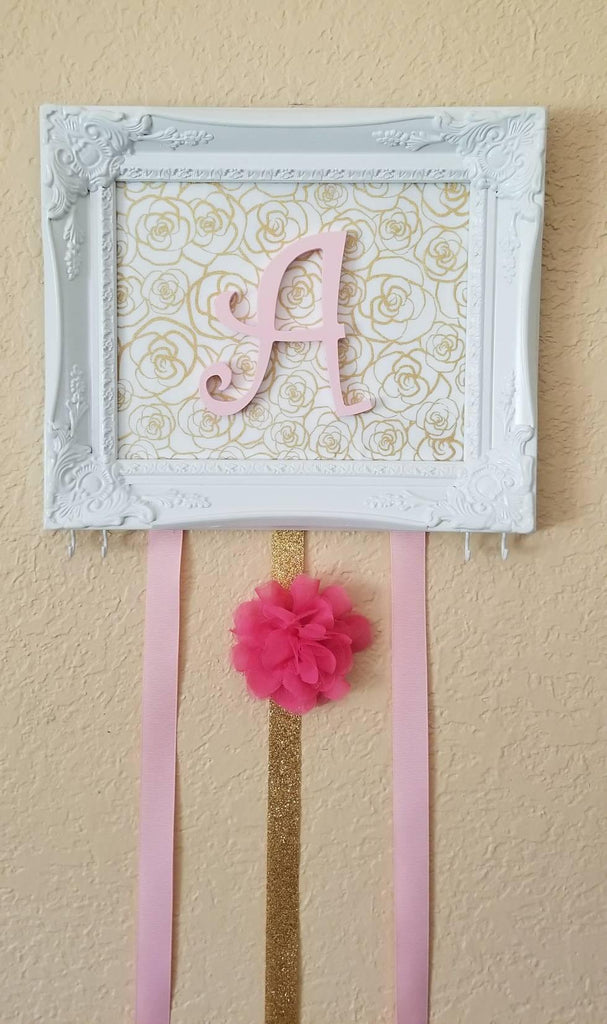 Framed Initial Hair Bow Organizer pink and gold ribbons
