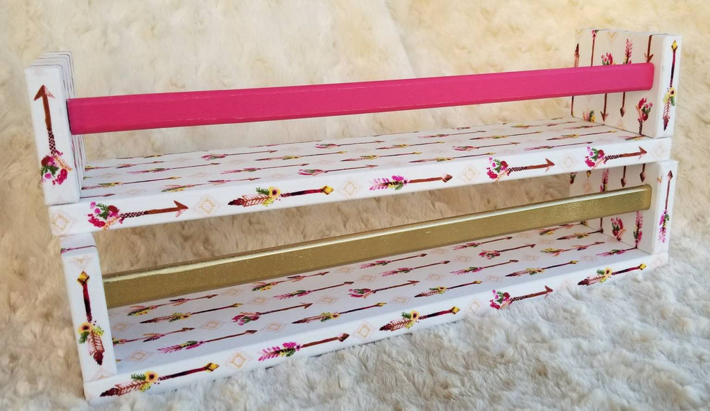 Arrows Collection Wall Shelves, pink arrows on white, pink bar, gold bar