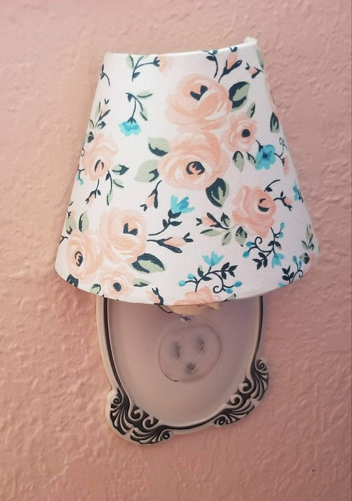 Flowers Night Light coral roses tiny blue flowers green leaves vintage inspired