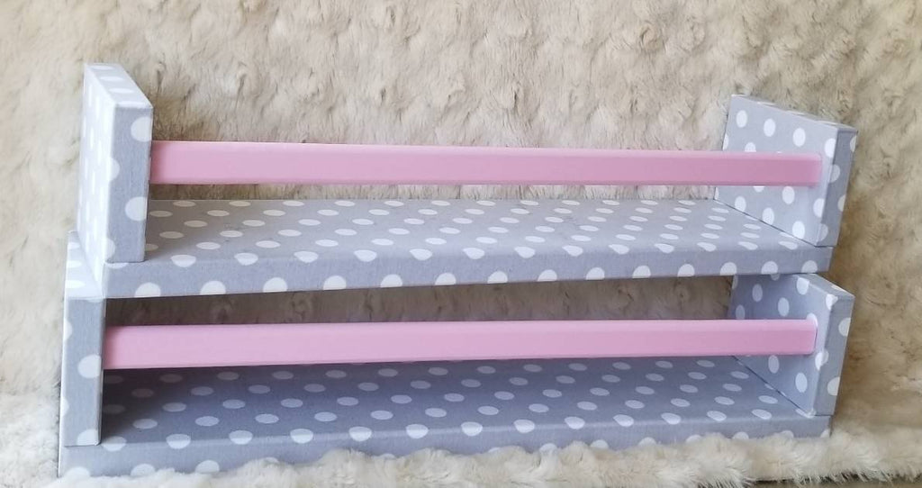 Dots and Chevrons Wall Shelves white dots on light grey with pink bar