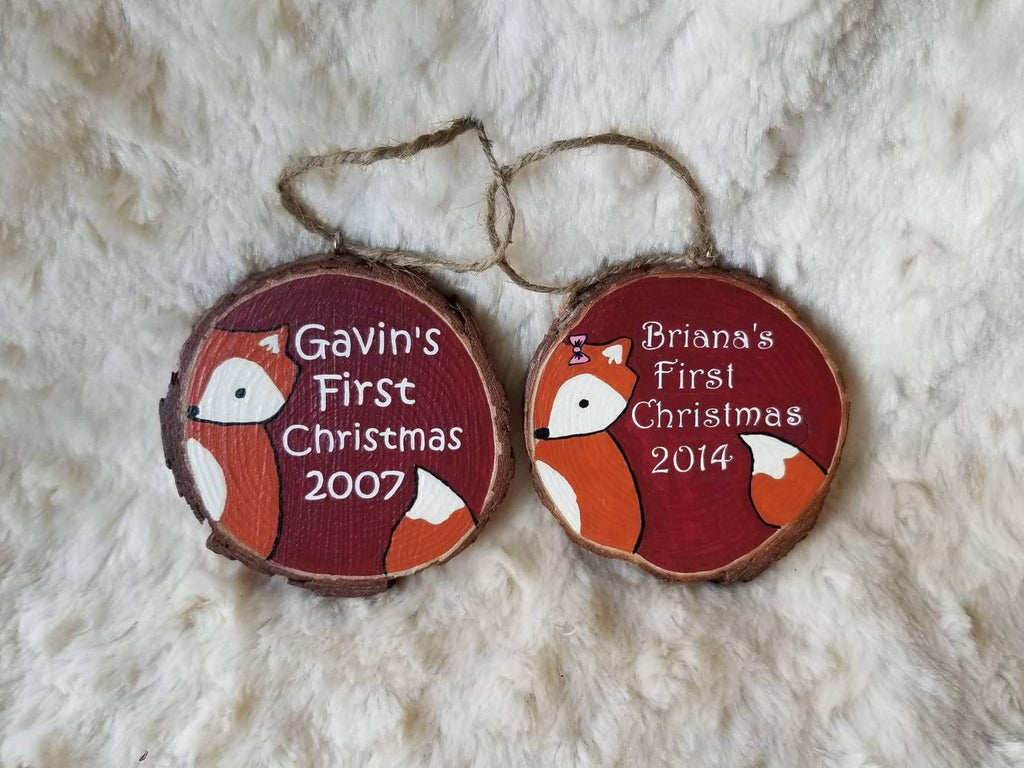 Personalized Fox Baby's First Christmas wood slice ornament