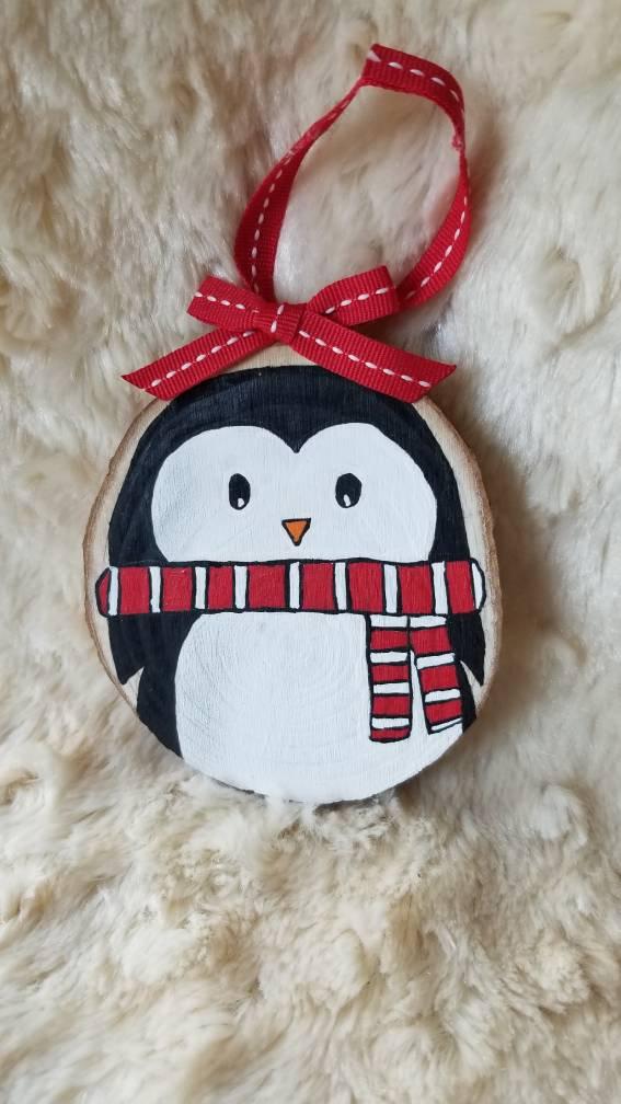 Penguin  Baby's First Christmas Wood Slice Ornament