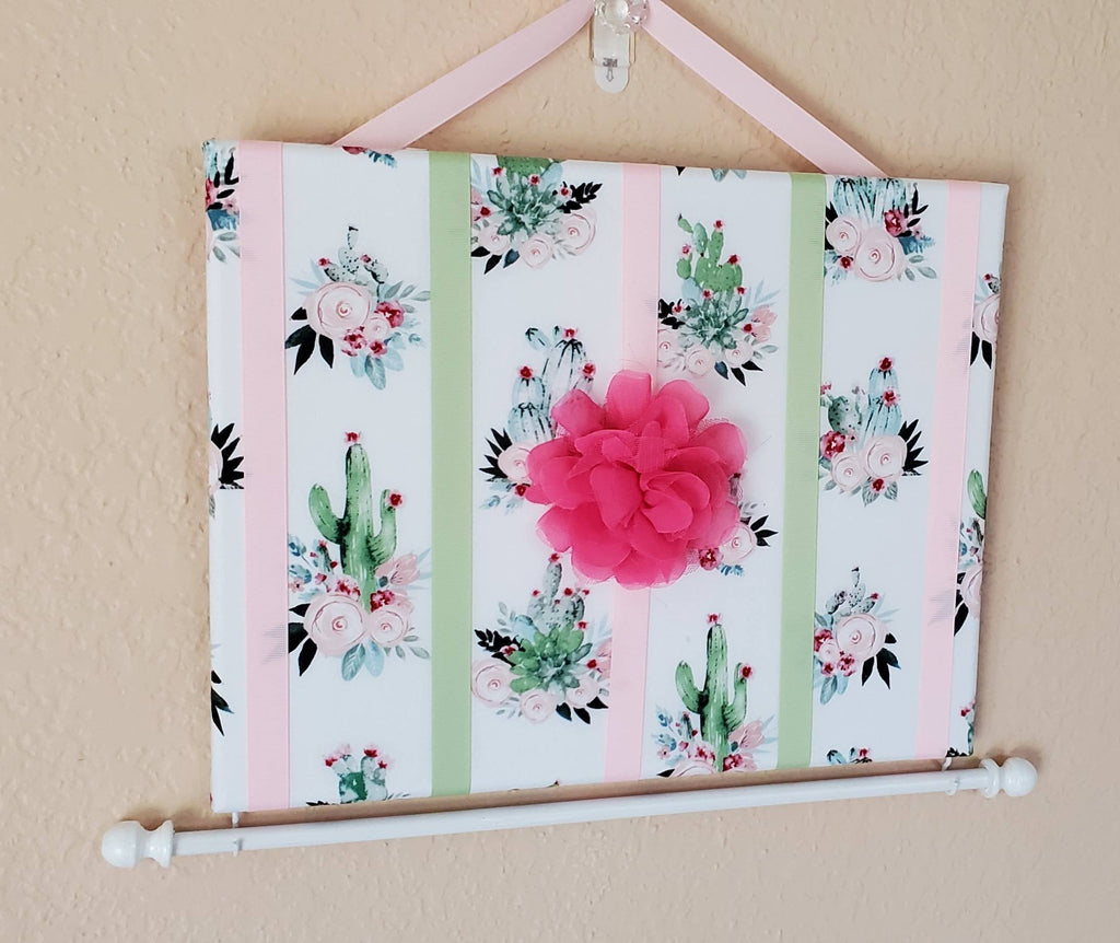 Cactus Hair Bow Holder & Headband Organizer with Pink and Green Ribbon on board