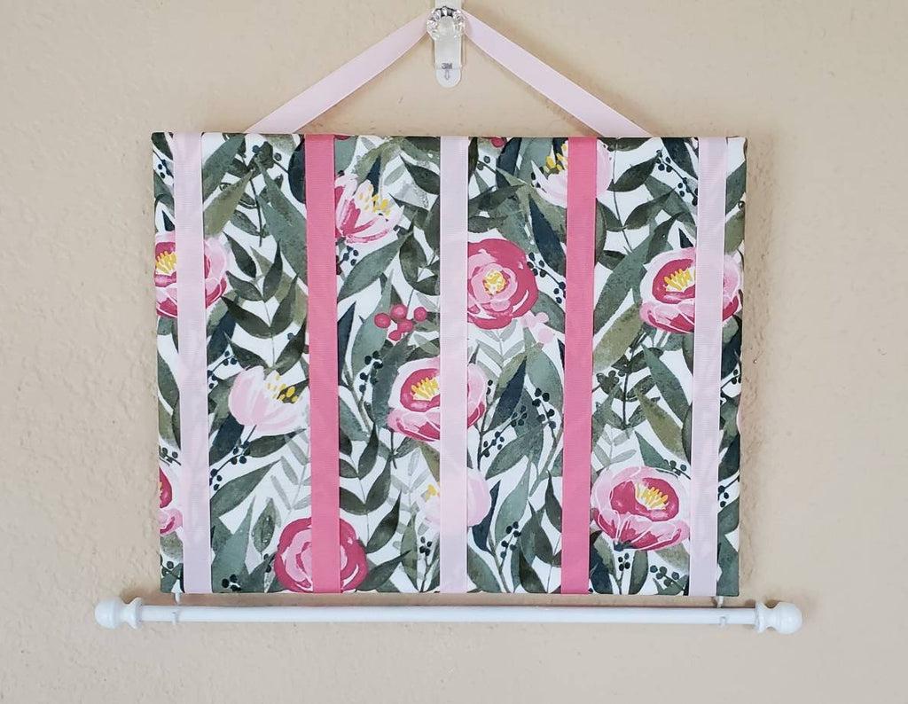 Pink Camellias Accessory Organizer pink flowers green leaves pink hanging ribbon white dowel